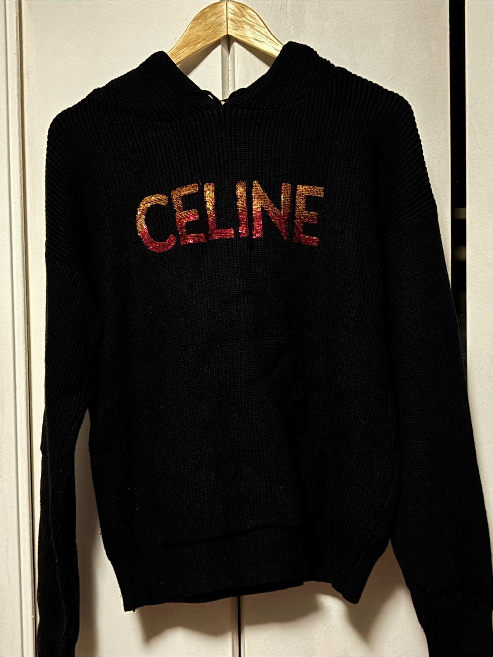 Celine Black Knit Hoodie with Red-to-Gold Gradient Logo